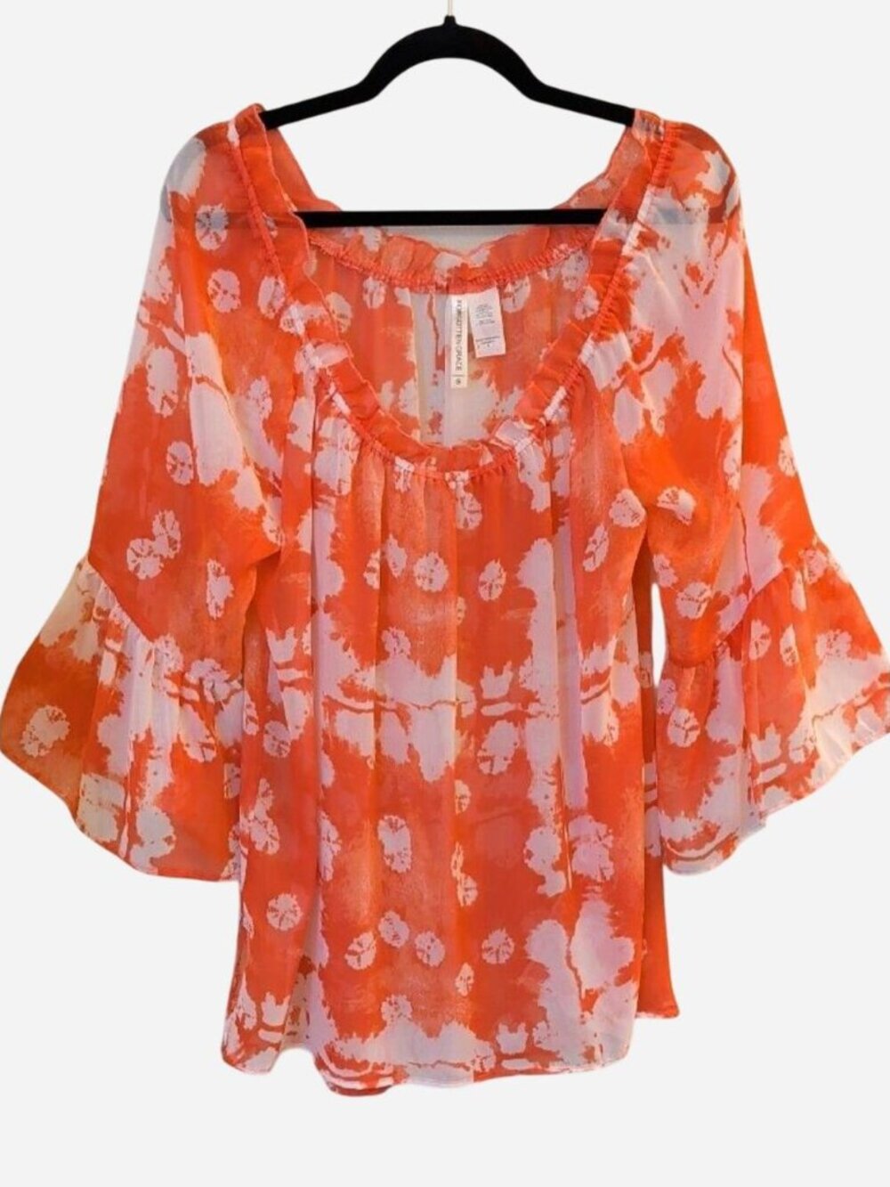 Forgotten Grace Bright Orange Sheer Tie-Dye Peasant Blouse Size S